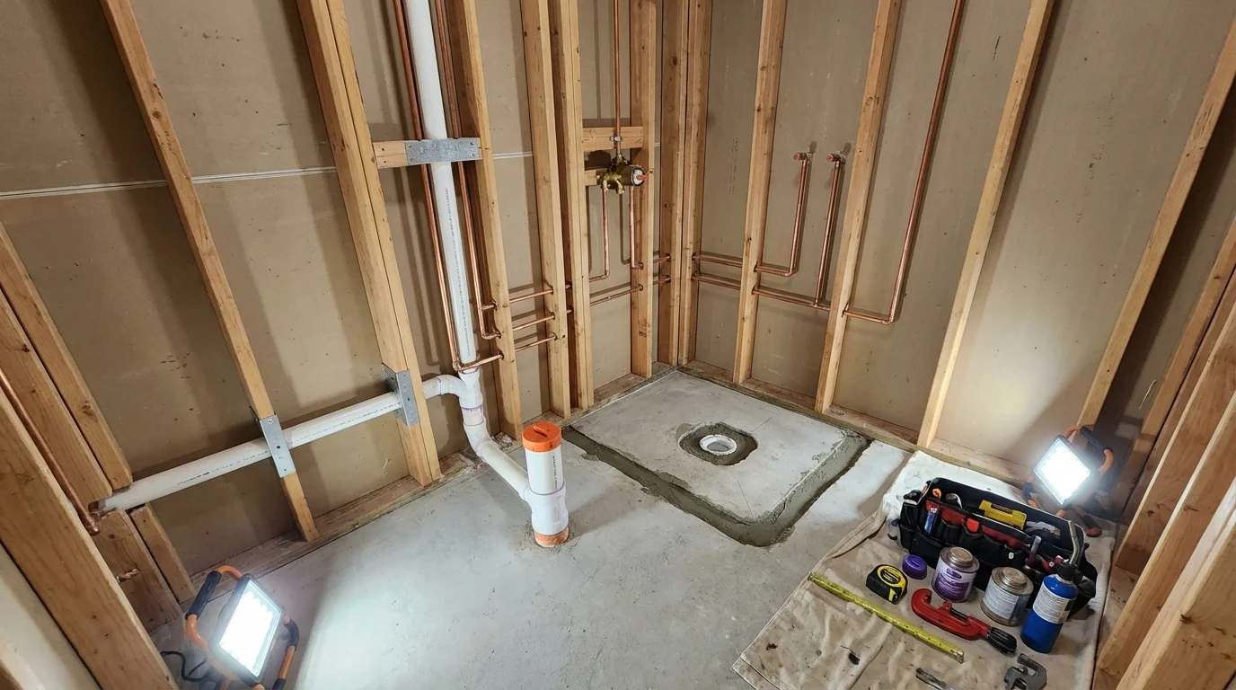 Bathroom rough-in plumbing during remodel by Johns Plumbing LLC in Weed