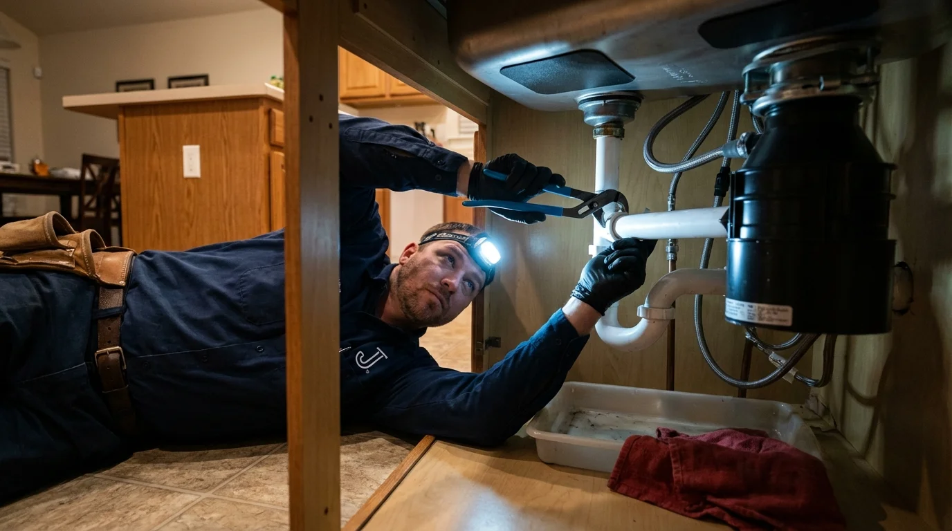 P-trap and supply line connections under a kitchen sink showing a common leak point in Weed, CA